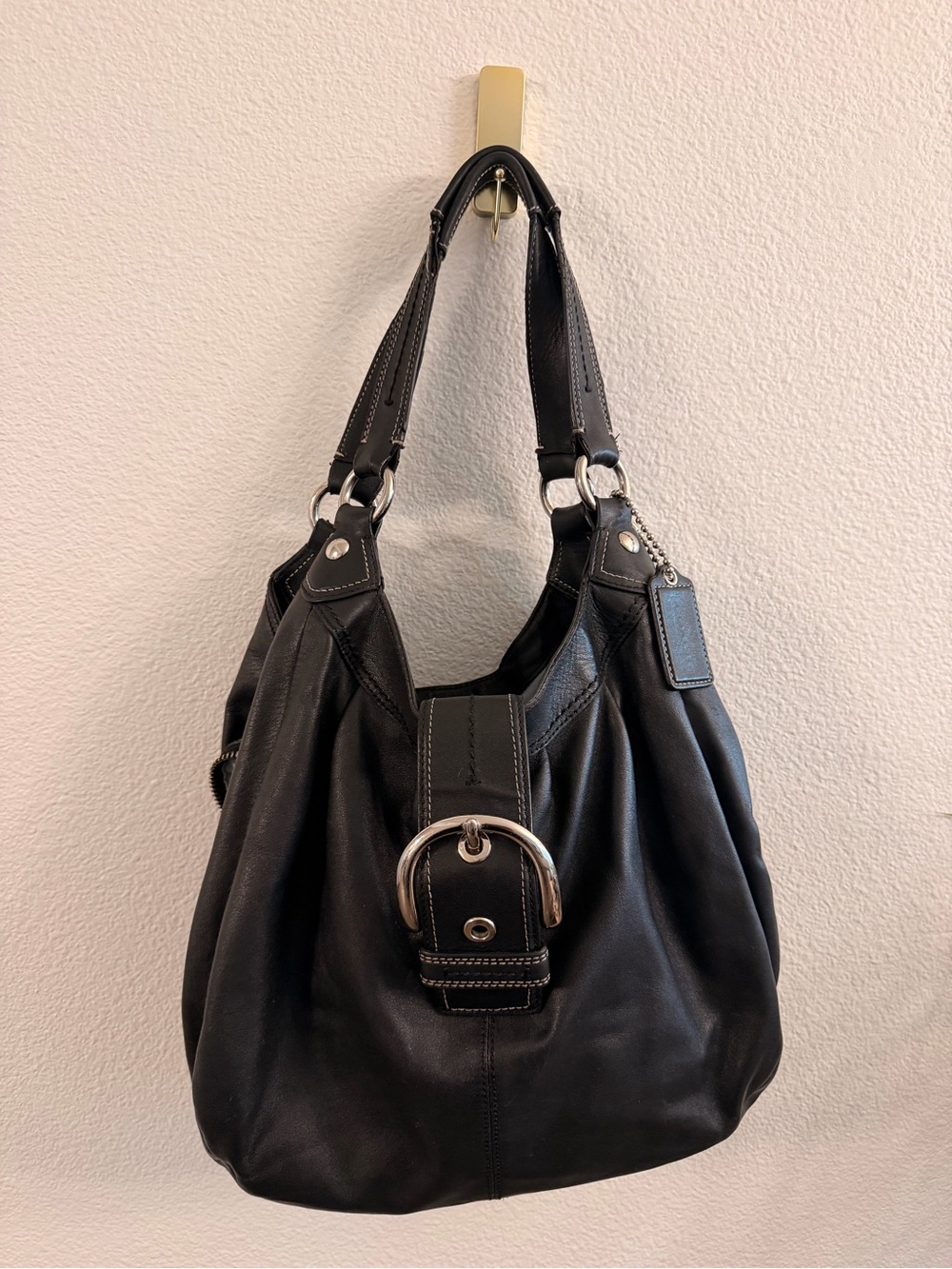 Coach Black Leather Hobo Shoulder Bag Blue Lining Silver Hardware Y2K